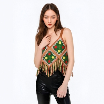 Maiou fără mâneci cu broderie și ciucuri, stil boho sling, din bumbac 50–70%, toamnă 2024