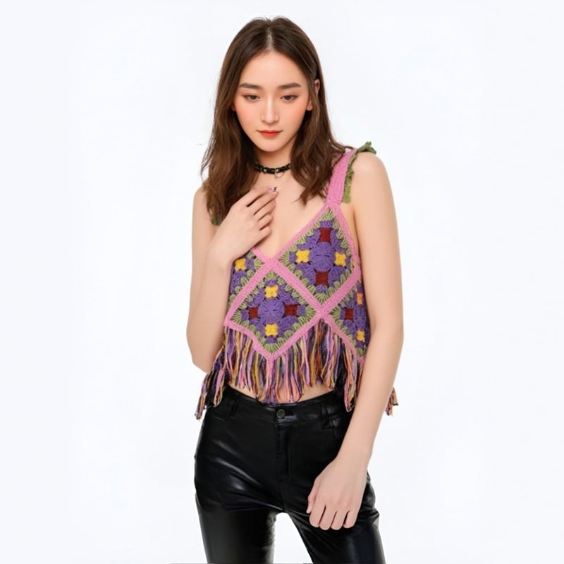 Maiou fără mâneci cu broderie și ciucuri, stil boho sling, din bumbac 50–70%, toamnă 2024