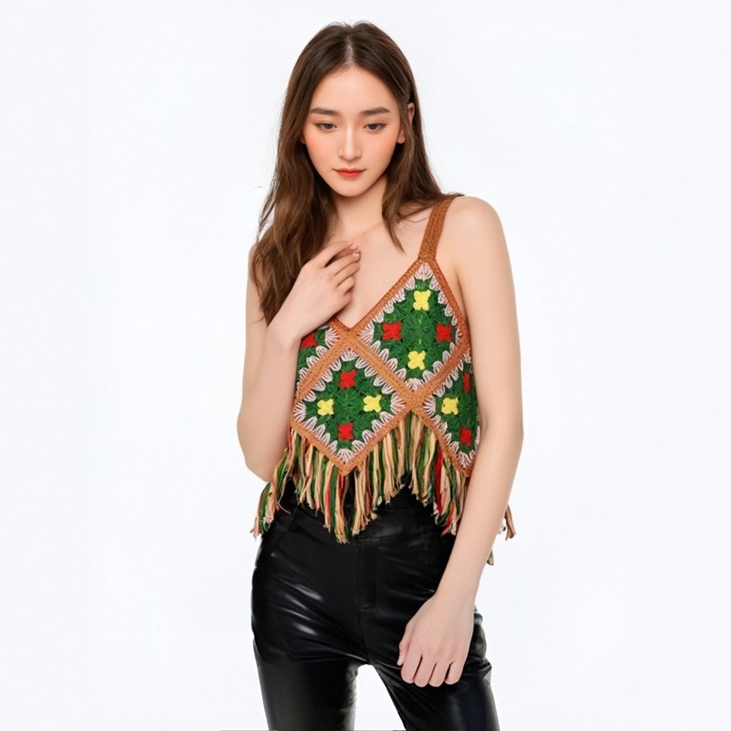 Maiou fără mâneci cu broderie și ciucuri, stil boho sling, din bumbac 50–70%, toamnă 2024