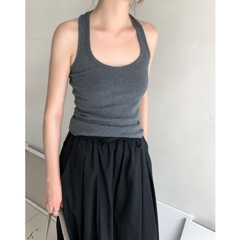 Top fără mâneci pentru femei cu gât halter – croială liberă, deschidere pe spate, material poliester, lungime 50–65 cm