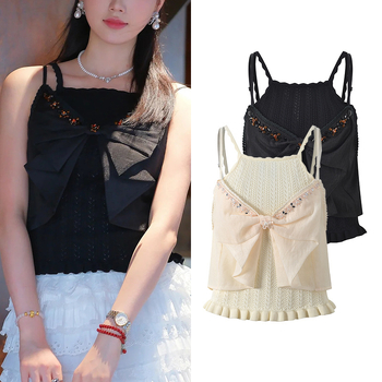 Top tricotat fără mâneci, nod papion și perle, croială Slim, lungime scurtă 40–50 cm, Material Ice Silk, fibră de viscose <30%, Vara 2025