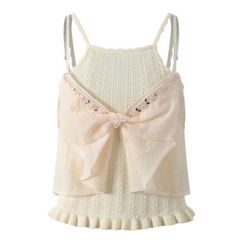 Top tricotat fără mâneci, nod papion și perle, croială Slim, lungime scurtă 40–50 cm, Material Ice Silk, fibră de viscose <30%, Vara 2025