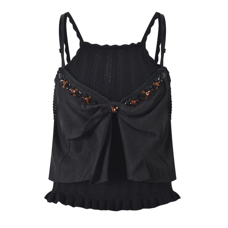 Top tricotat fără mâneci, nod papion și perle, croială Slim, lungime scurtă 40–50 cm, Material Ice Silk, fibră de viscose <30%, Vara 2025