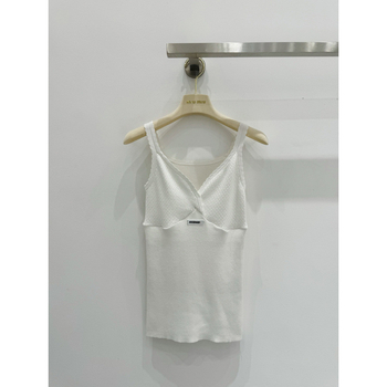 Top tricotat pentru femei, fără mâneci, decolteu în V, model plasă 3D, bretele duble, croială Slim, lungime standard 50–65 cm, conținut de bumbac 30–50%