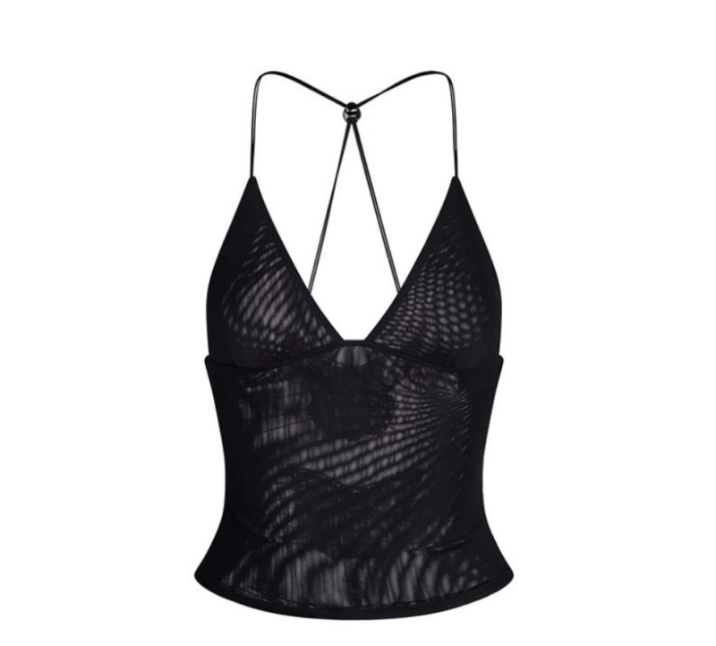 Top camisole cu decupaj la spate în formă de fluture, material plasă cu elastan, lungime ultra-scurtă ≤40 cm, fără bretele, vara 2024
