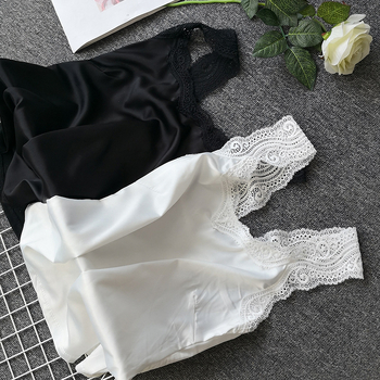 Top damă din mătase artificială cu dantelă, stil coreean, decolteu în V, croială Slim