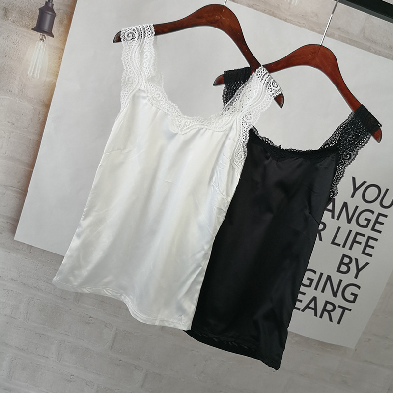 Top damă din mătase artificială cu dantelă, stil coreean, decolteu în V, croială Slim