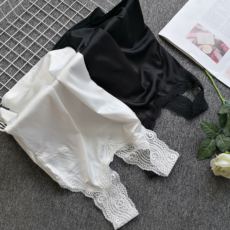 Top damă din mătase artificială cu dantelă, stil coreean, decolteu în V, croială Slim