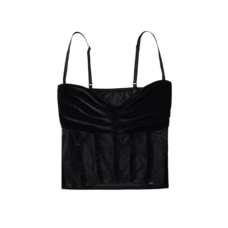 Top crop din velur cu dantelă și pliuri, bretele fixe