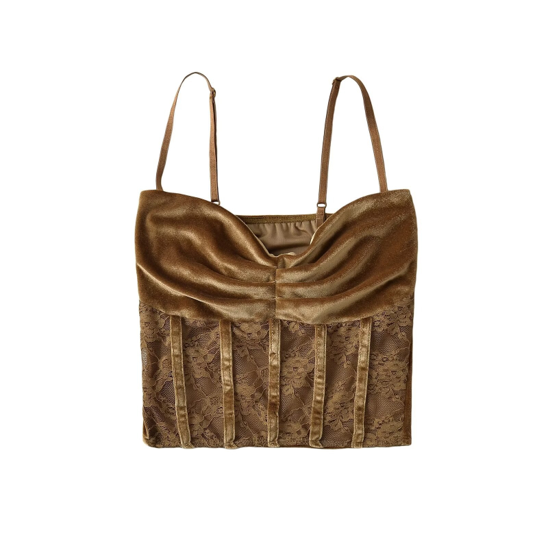 Top crop din velur cu dantelă și pliuri, bretele fixe