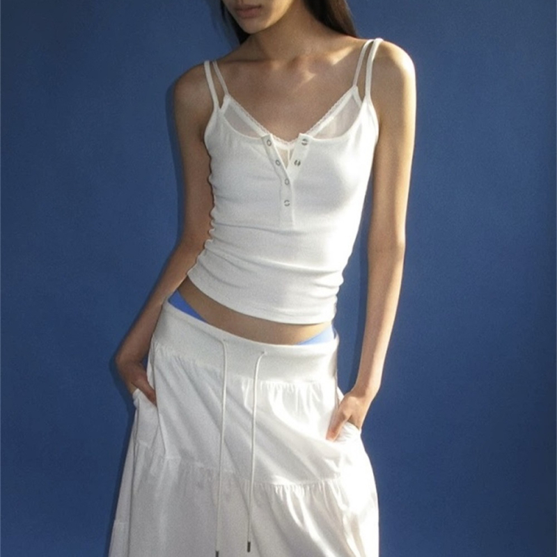 Top camisole din dantelă cu plasă și guler Henley, design fals două părți, pentru femei; croială Slim; lungime scurtă 40-50 cm; amestec bumbac-viscoză