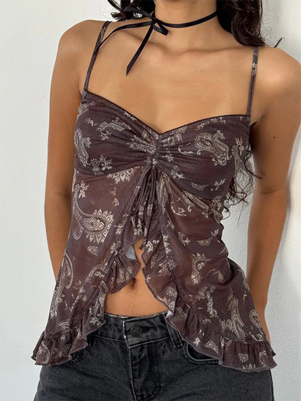 Top cropped imprimat cu model, decolteu în V, bretele neregulate, mâneci lungi, poliester