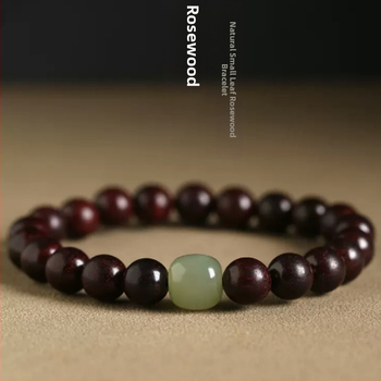 Brățară unisex cu lemn natural de rosewood cu frunze mici, mărgele Hetian jade, lemn de ebono și lemn de santal în stil antic