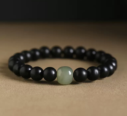 Brățară unisex cu lemn natural de rosewood cu frunze mici, mărgele Hetian jade, lemn de ebono și lemn de santal în stil antic