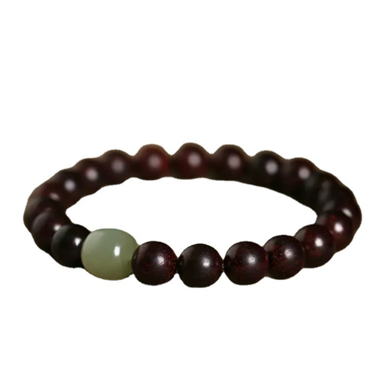 Brățară unisex cu lemn natural de rosewood cu frunze mici, mărgele Hetian jade, lemn de ebono și lemn de santal în stil antic