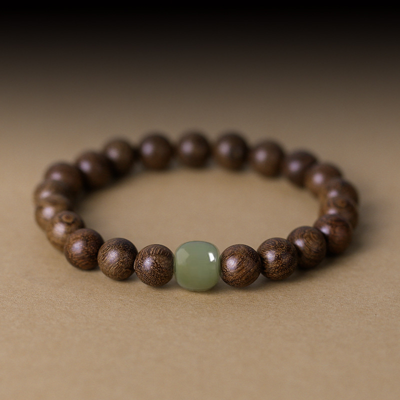 Brățară unisex cu lemn natural de rosewood cu frunze mici, mărgele Hetian jade, lemn de ebono și lemn de santal în stil antic