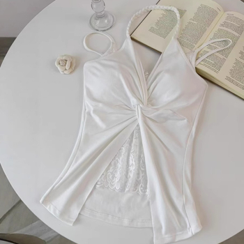 Camisolă cu halter și dantelă, amestec de bumbac (70–80% bumbac, elastan <30%), croială slim, lungime scurtă