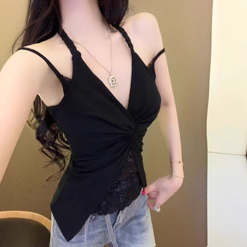 Camisolă cu halter și dantelă, amestec de bumbac (70–80% bumbac, elastan <30%), croială slim, lungime scurtă