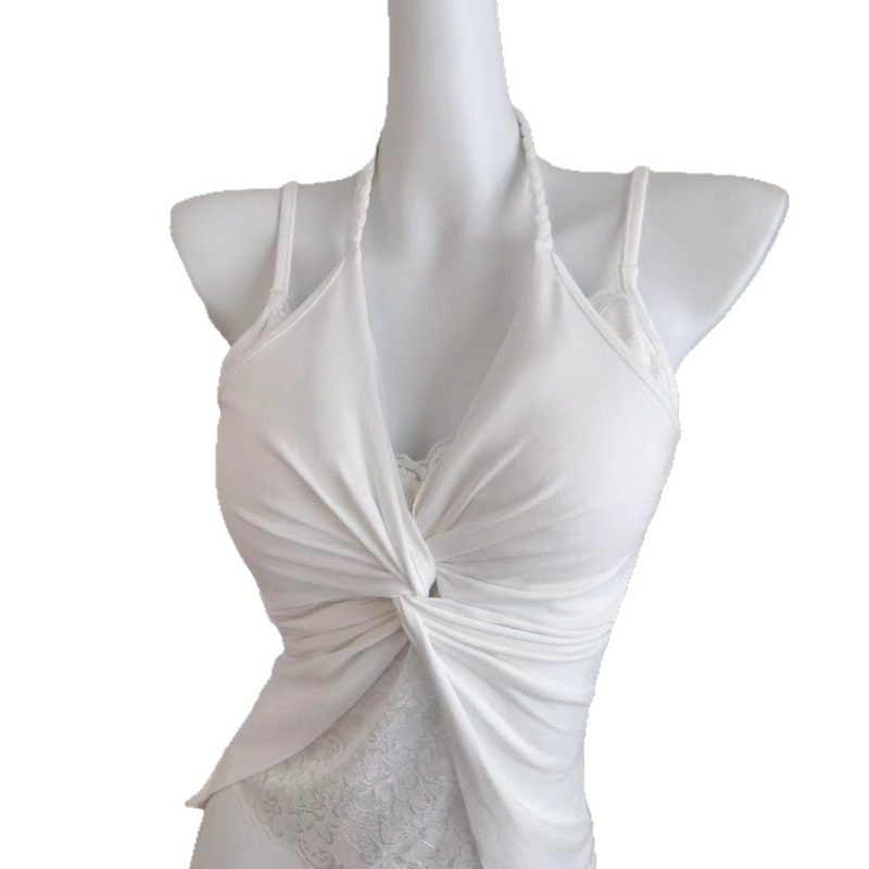 Camisolă cu halter și dantelă, amestec de bumbac (70–80% bumbac, elastan <30%), croială slim, lungime scurtă