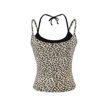 Top halter cu imprimeu leopard, croială slim, lungime scurtă, material bumbac-poliester, conținut bumbac 80–90%