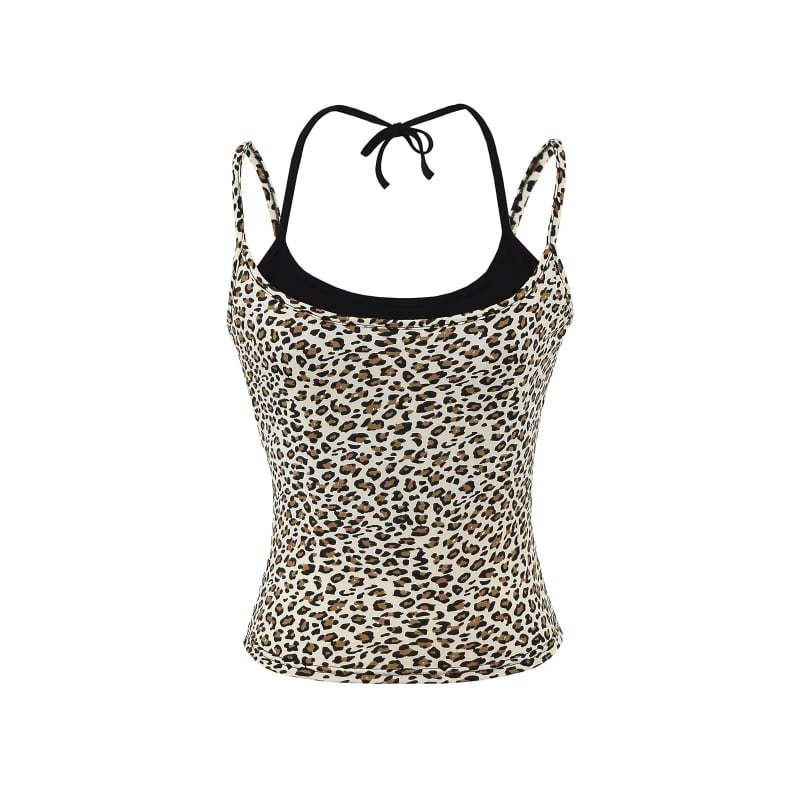 Top halter cu imprimeu leopard, croială slim, lungime scurtă, material bumbac-poliester, conținut bumbac 80–90%
