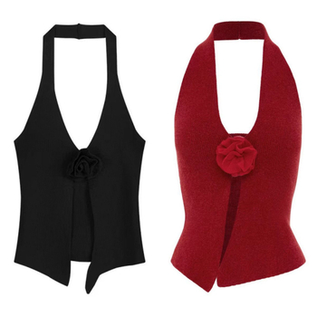 Top halter fără mâneci, cu floare 3D pe piept - Versiune talie, Primăvara 2025, pentru femei adulte