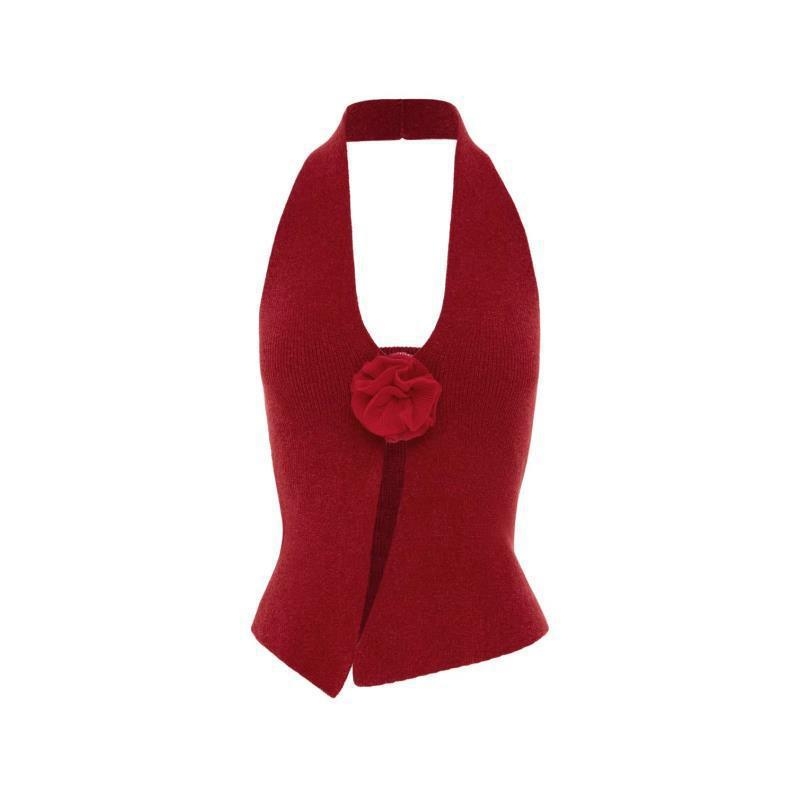 Top halter fără mâneci, cu floare 3D pe piept - Versiune talie, Primăvara 2025, pentru femei adulte