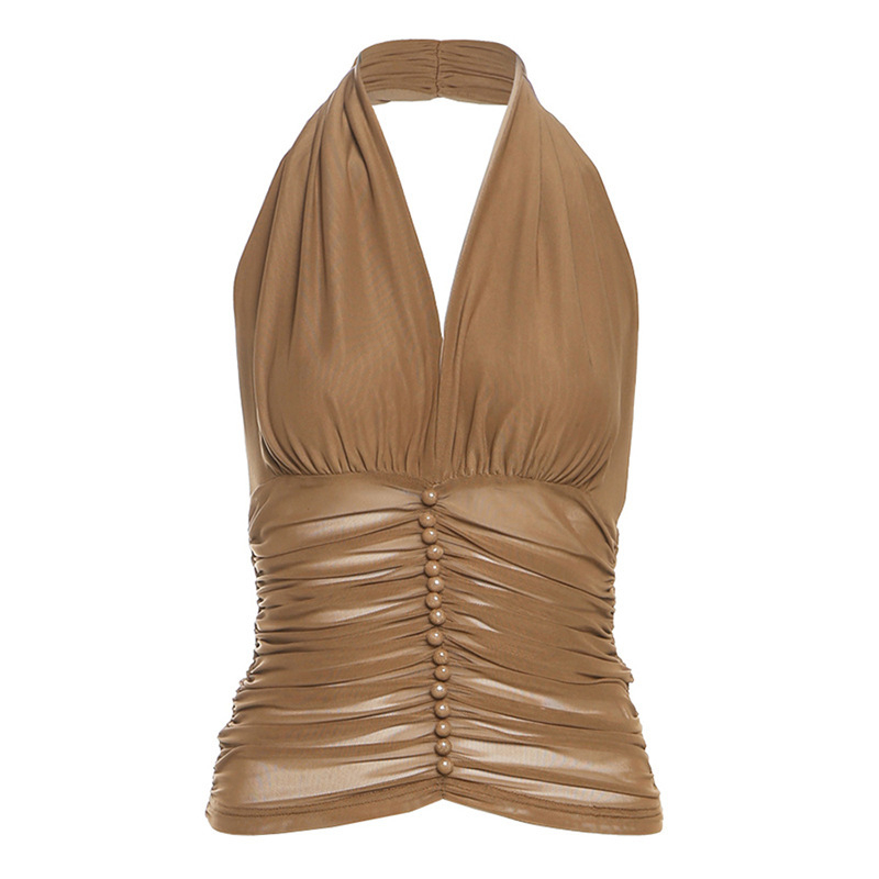 Top halter cu decolteu adânc în V, amestec poliester-spandex, culoare solidă, stil urban, vară 2025