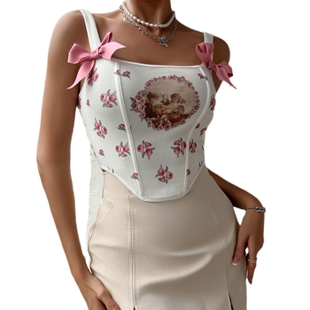 Top camisole din poliester cu elastan, imprimeu floral, croială slim, lungime scurtă, bretele pe umeri, stil gotic stradal