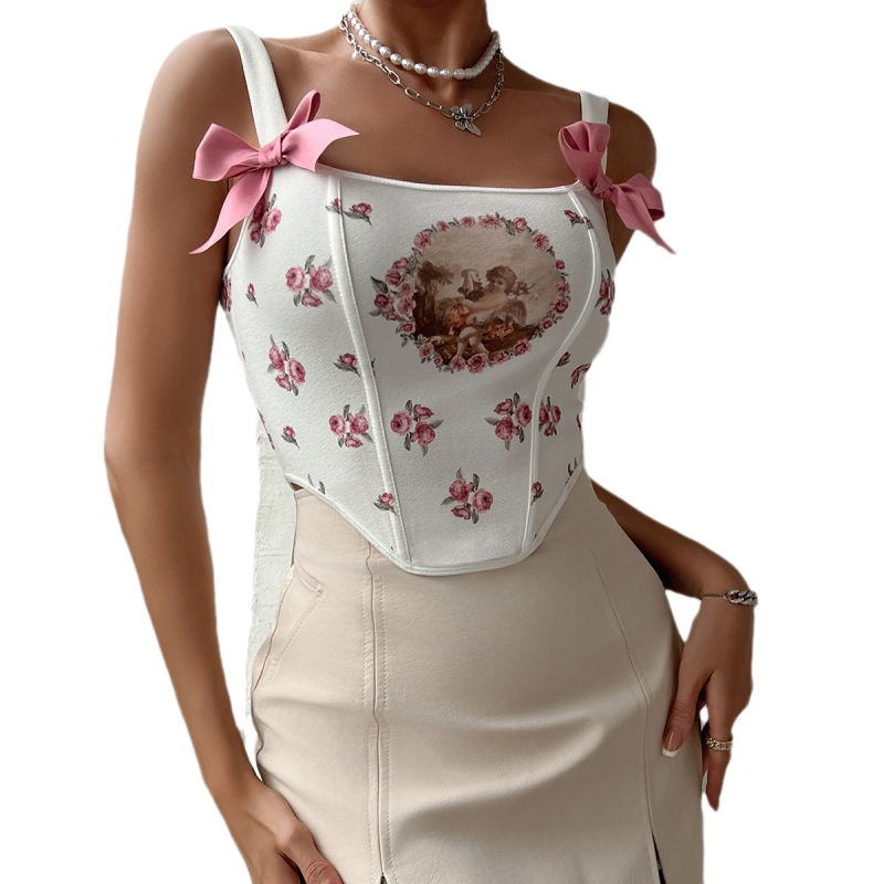 Top camisole din poliester cu elastan, imprimeu floral, croială slim, lungime scurtă, bretele pe umeri, stil gotic stradal