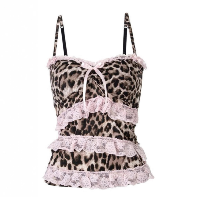 Camisolă cu imprimeu leopard, croială strânsă, lungime scurtă 40–50 cm, material poliester