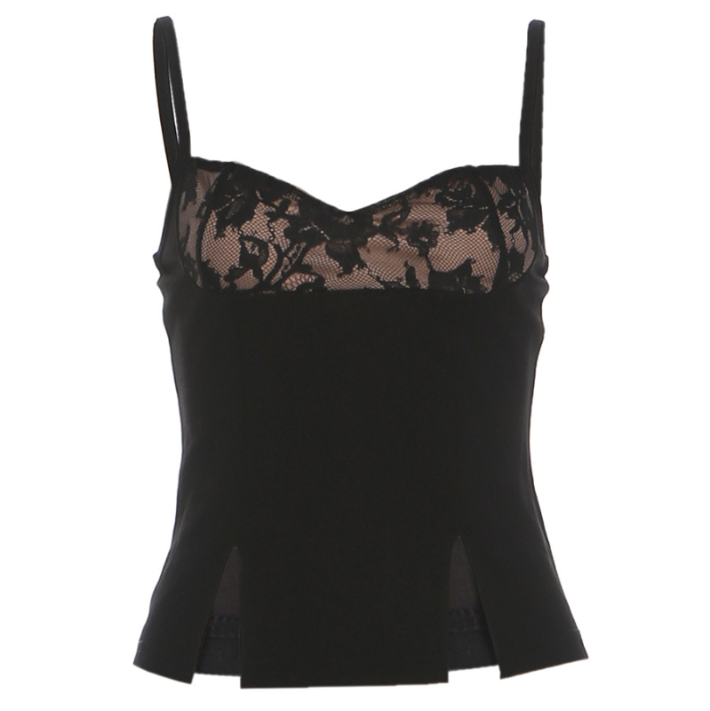 Top fără mâneci cu deschidere frontală și panou dantelă plasă, amestec poliester-elastan, lungime ultra scurtă