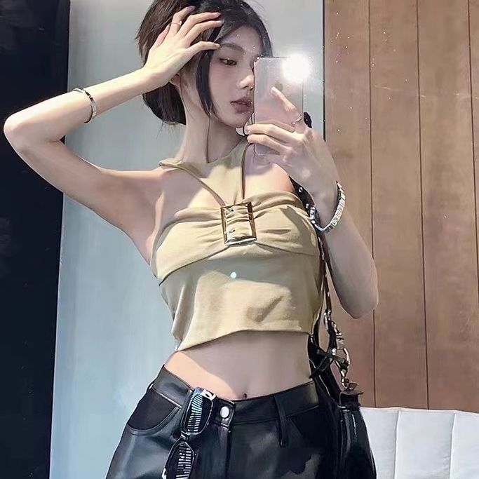 Top fără mâneci cu gât halter, cataramă metalică, spate deschis, croială slim, lungime scurtă, poliester 70–80%