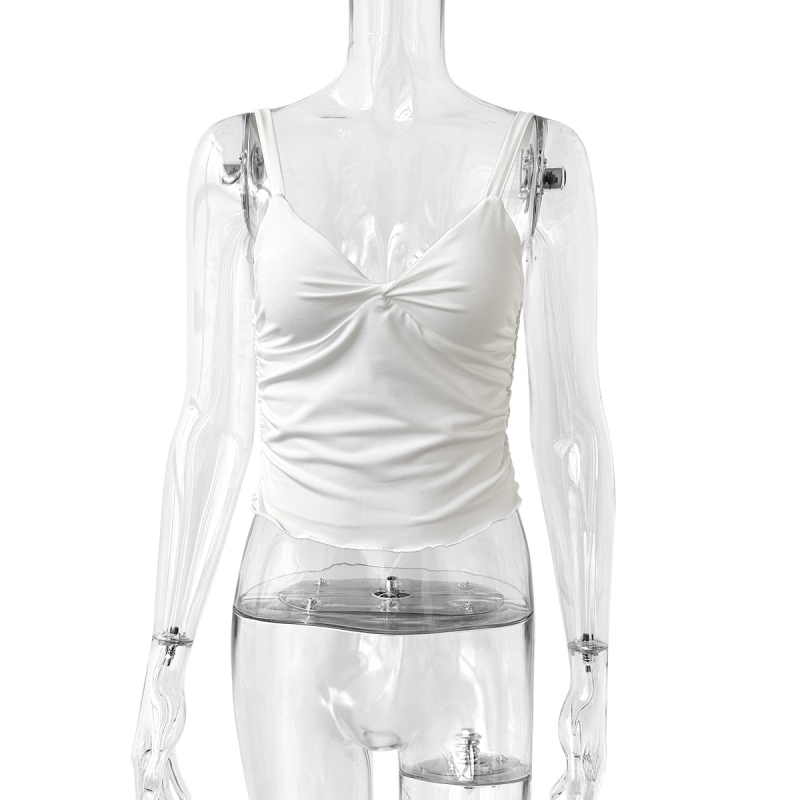 Top fără mâneci cu spate deschis, bretele duble, pliuri, poliester, croială slim, vară 2024