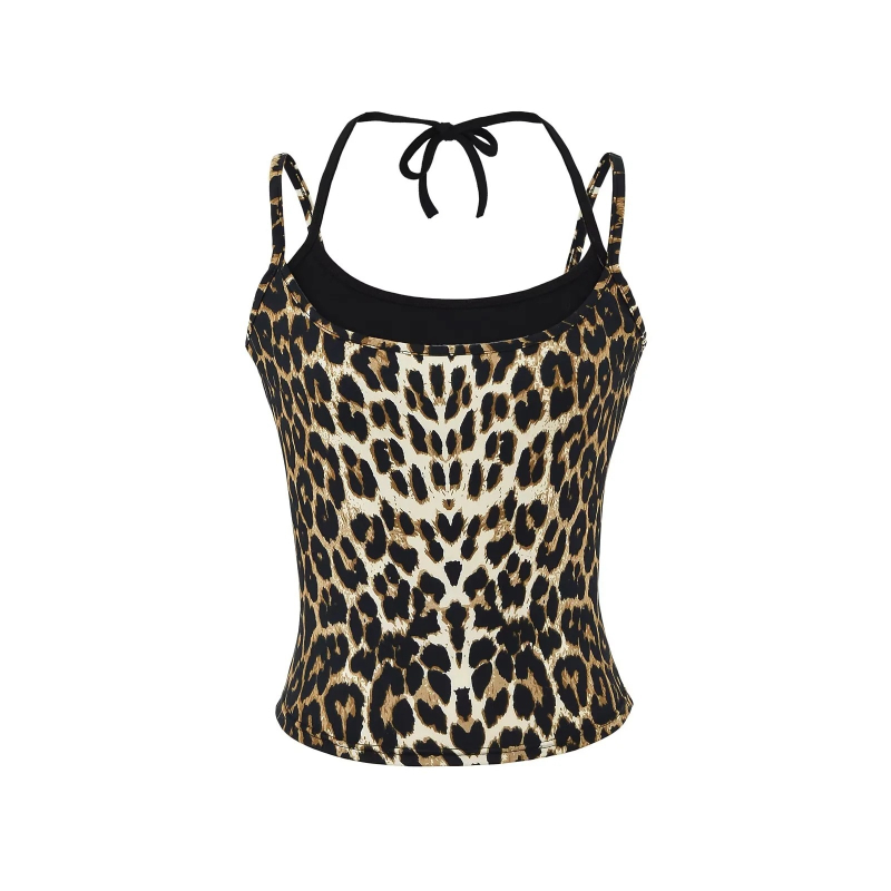 Camisolă cu gât halter, imprimeu leopard, croială Slim, lungime scurtă, amestec bumbac-poliester