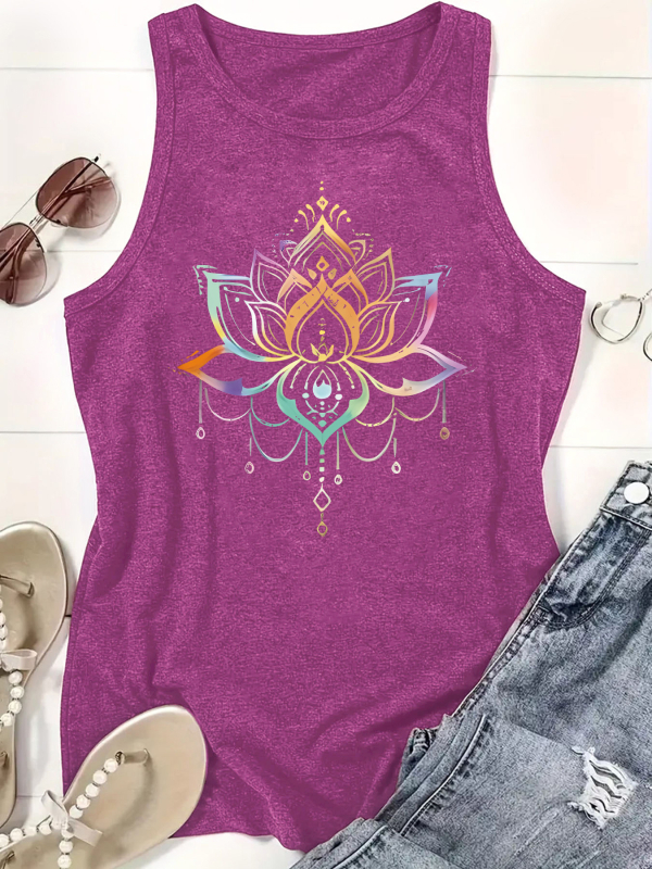 Top fără mânece pentru femei, spate decupat, imprimeu cu lotus, bretele fixe, croială drept, stil street casual