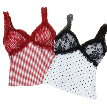 Csipkés pöttyös kamizsol, pamutanyag, V-nyakú, nyári top mellpárnával