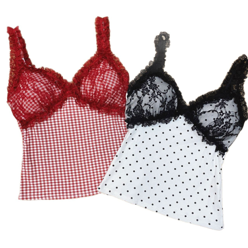 Csipkés pöttyös kamizsol, pamutanyag, V-nyakú, nyári top mellpárnával