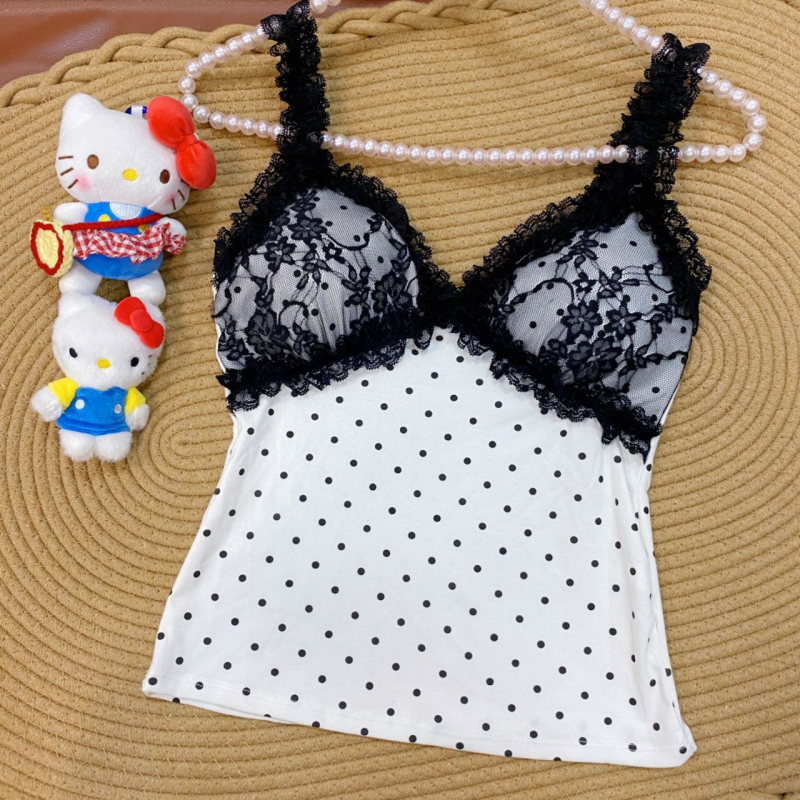 Csipkés pöttyös kamizsol, pamutanyag, V-nyakú, nyári top mellpárnával