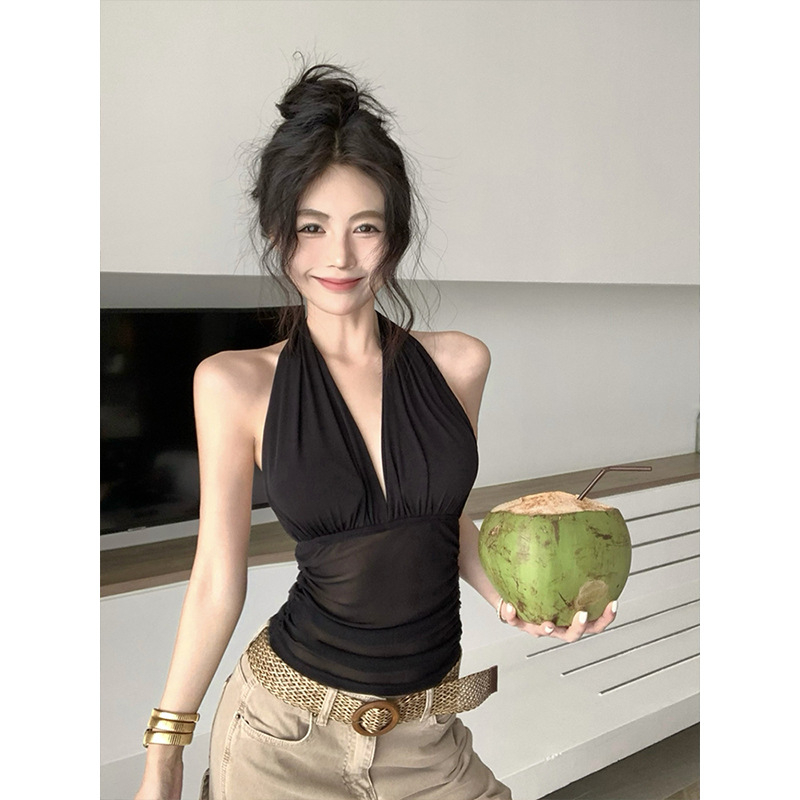 Top halter fără mâneci, din bumbac cu elastan, croială slim, lungime scurtă, insertie mesh internă