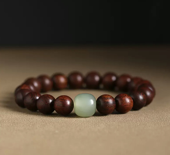Unisex drevený náramok s korálkami z Small-Leaf Rosewood, Ebony Sandalwood a Jade, leštený v antickom štýle šperkov