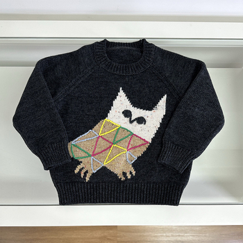 Pulover tricotat gros pentru copii, broderie cu bufniță, amestec lână-bumbac 70% bumbac, guler rotund, mâneci lungi