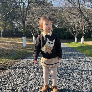 Pulover tricotat gros pentru copii, broderie cu bufniță, amestec lână-bumbac 70% bumbac, guler rotund, mâneci lungi