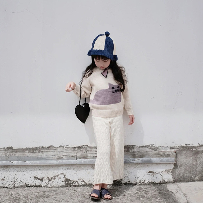 Pulover tricotat gros pentru copii, broderie cu bufniță, amestec lână-bumbac 70% bumbac, guler rotund, mâneci lungi