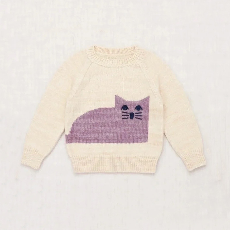 Pulover tricotat gros pentru copii, broderie cu bufniță, amestec lână-bumbac 70% bumbac, guler rotund, mâneci lungi