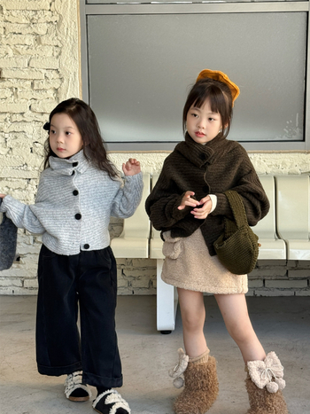 Cardigan scurt pentru copii, stil coreean pentru toamnă/iarna, guler înalt, închidere cu nasturi, tricot din 95% bumbac, pentru 3–8 ani