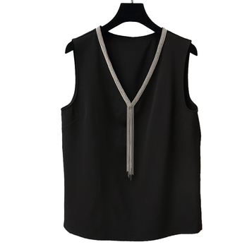 Top fără mâneci pentru femei, decolteu în V, pandantiv cu mărgele de cristal, croială lejeră, lungime 50–65 cm