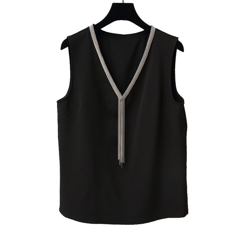 Top fără mâneci pentru femei, decolteu în V, pandantiv cu mărgele de cristal, croială lejeră, lungime 50–65 cm