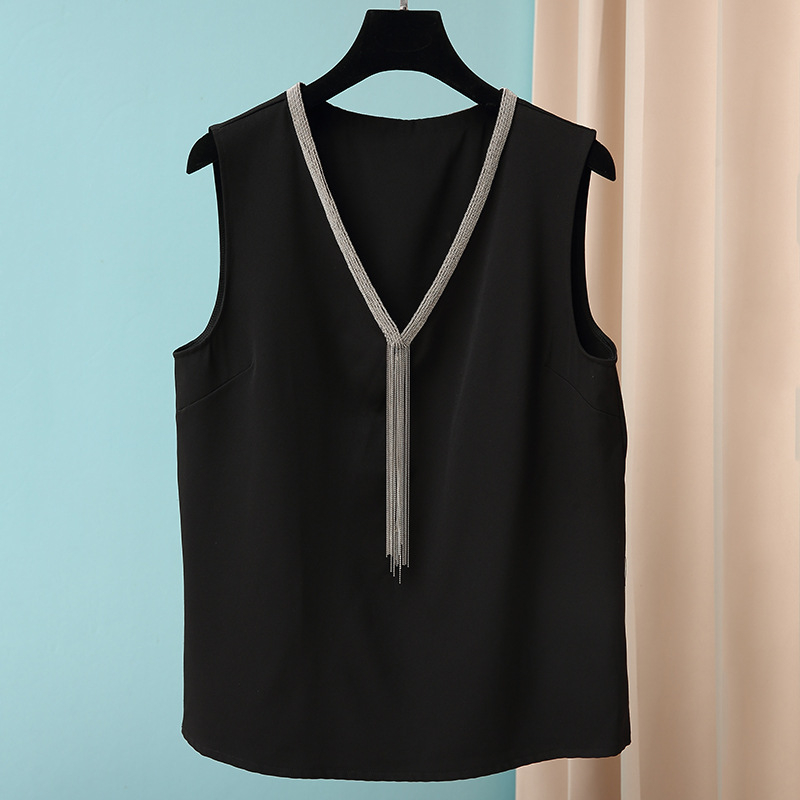 Top fără mâneci pentru femei, decolteu în V, pandantiv cu mărgele de cristal, croială lejeră, lungime 50–65 cm