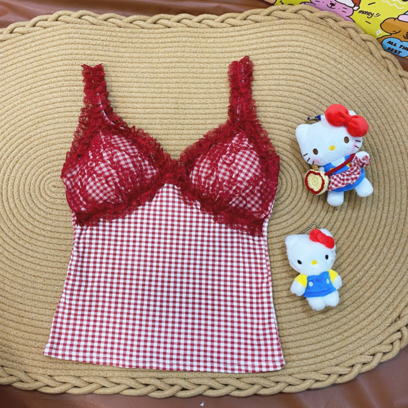 Pamut csipkés pöttyös kamisola, nyári top V-nyakú, beépített melltartó párnázással